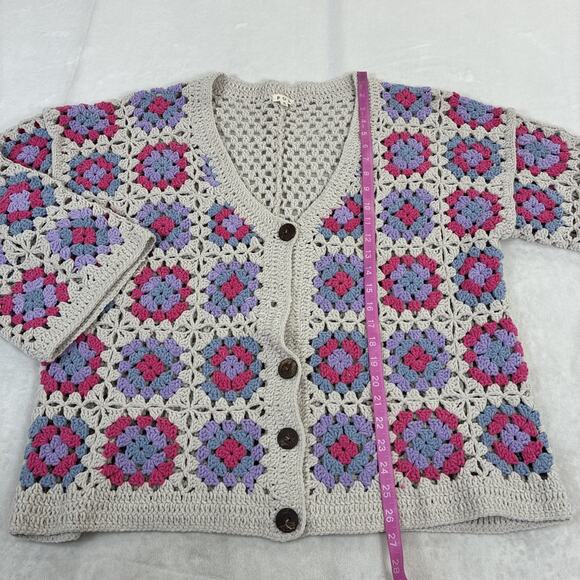 POL Granny Square Crochet Cardigan Sweater Tan, Prpl, Blue, Pink Boho Sz Small - Picture 4 of 11
